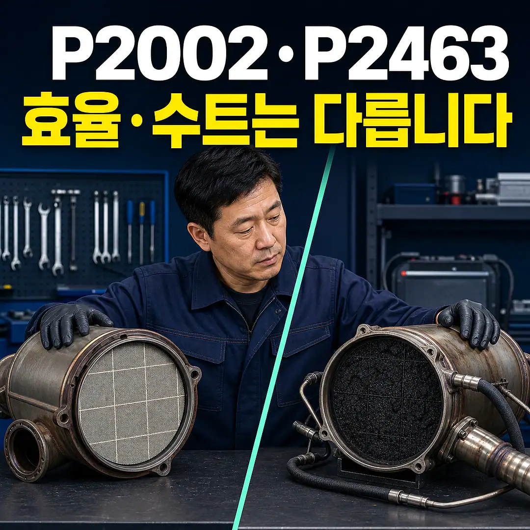 P2002·P2463 DPF 경고, 효율 저하·수트 축적 구분 정사각형 썸네일